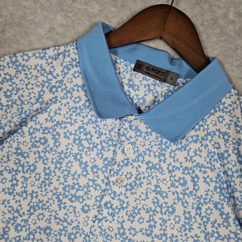 G/FORE (Mens Large) Blue Polo Shirt Floral Performance Golf Short Sleeve Stretch